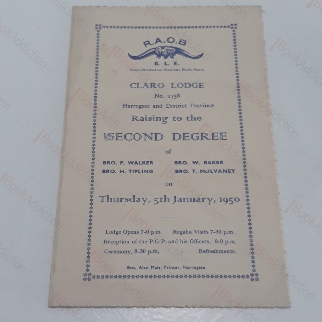 R A O B, Claro Lodge, Raising to the Second Degree (Programme), 1950