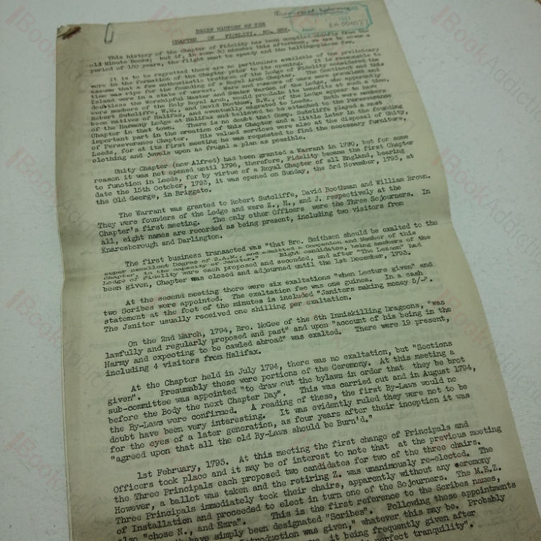 Brief History of the Chapter of Fidelity, No. 289 (Manuscript) (Signed)
