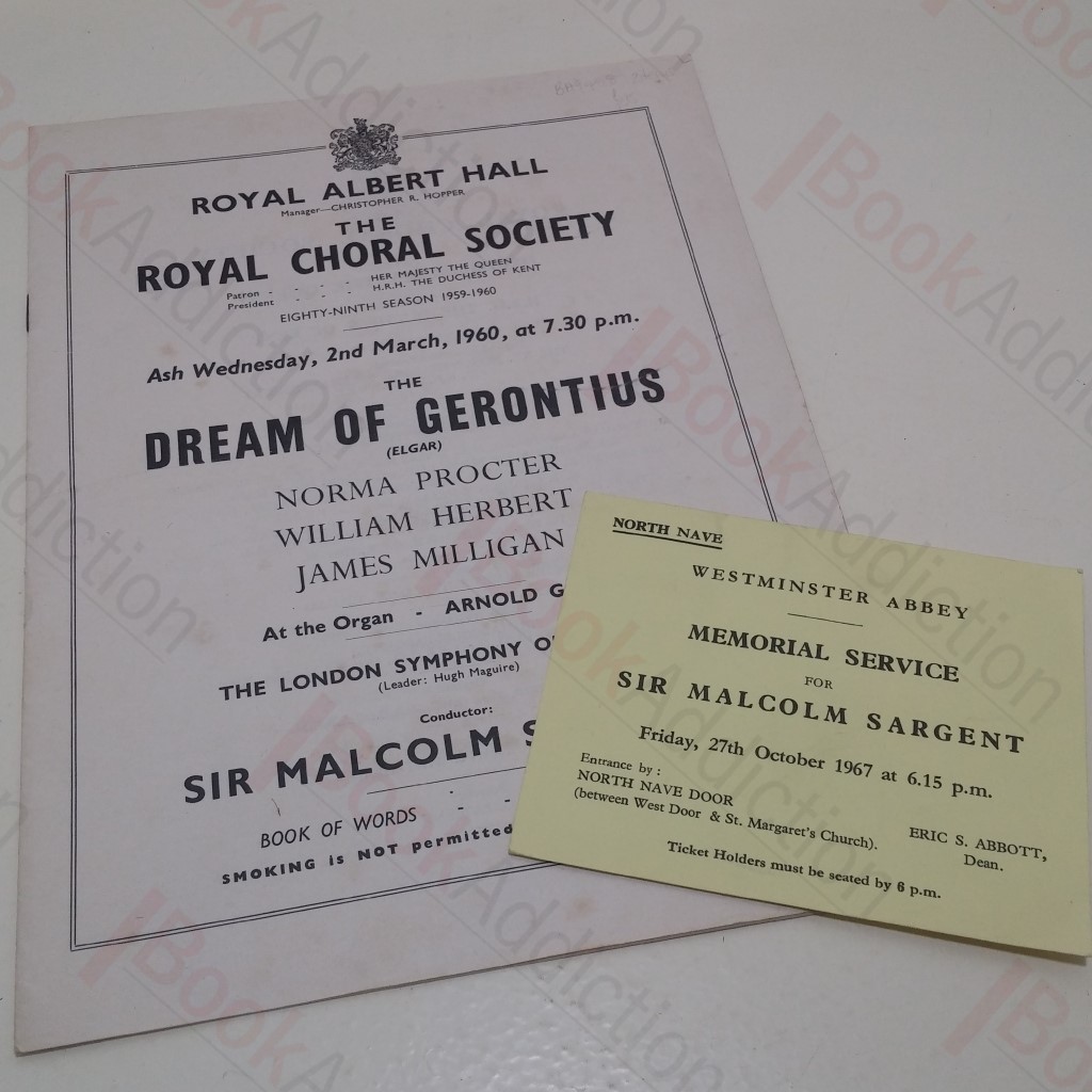 Sir Malcolm Sargent Memorial Service Westminster Abbey Ticket, 27 October 1967 and Dream of Gerontius Programme, 2 March 1960