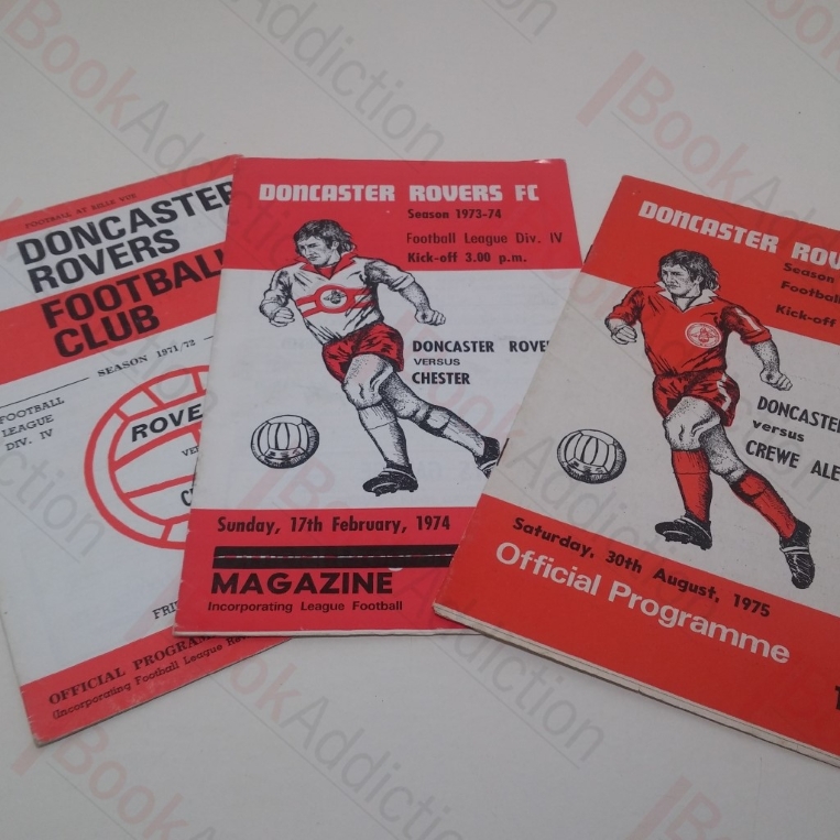 Three Football Official Programmes: Doncaster Rovers versus Crewe Alexandria, 30th August 1975, Doncaster Rovers versus Crewe Alexandria, 21st January 1972, and Doncaster Rovers versus Chester, 17th February 1974