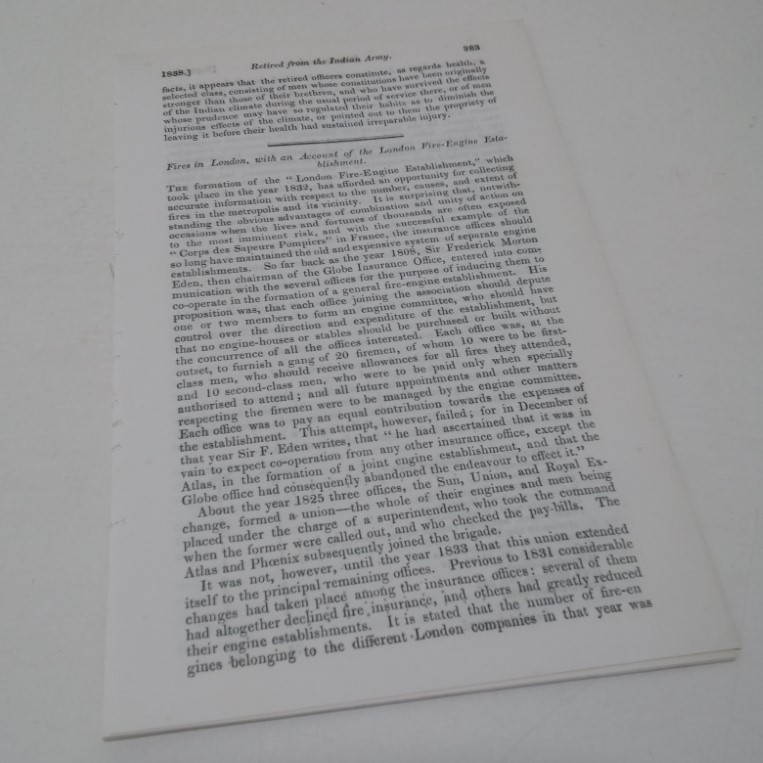 Fires in London, with an Account of the London Fire-engine Establishment (from The Journal of the Statistical Society of London, Volume 1, No. 5, September 1838