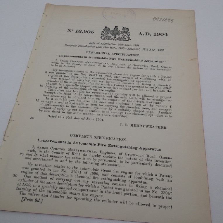 Patent Granted for Improvements in Automobile Fire Extinguishing Apparatus to J C Merryweather, April 1905