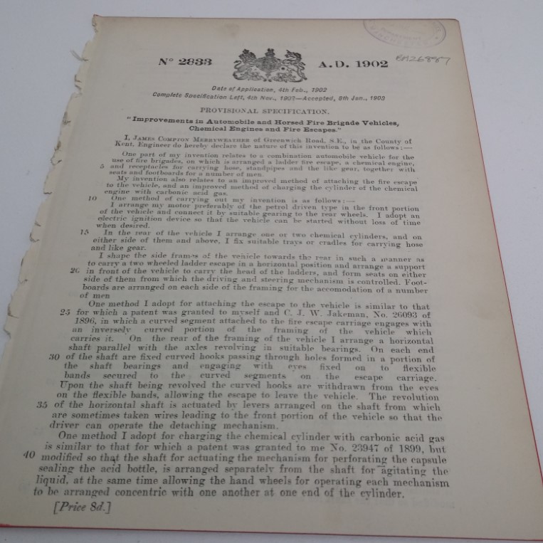 Patent Granted for Improvements in Automobile and Horsed Fire Fire Brigade Vehicles, Chemical Engines and Fire Escapes to James Compton Merryweather, Jan 1903