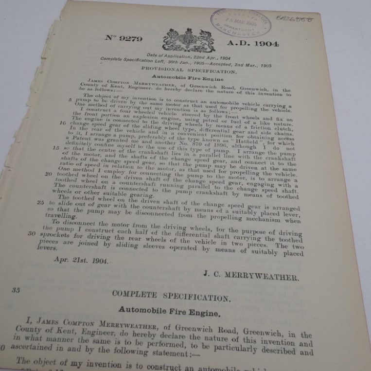 Patent Granted for an Automobile Fire Engine to J C Merryweather, March 1905