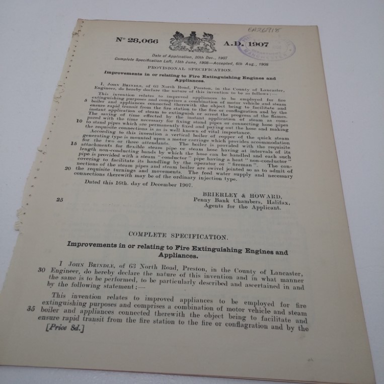 Patent Granted for Improvements to Fire Extingusing Engines and Appliances to John Brindle, August 1908