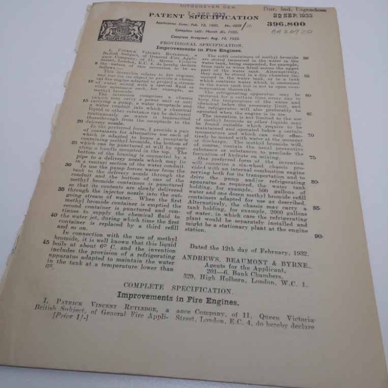 Patent Granted for Improvements in Fire Engines to Patrick Vincent Rutledge, August 1933